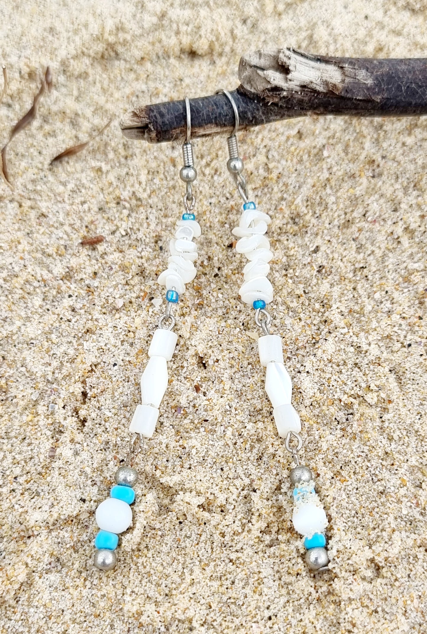 Earring Shell w/turq bead Long Dangly