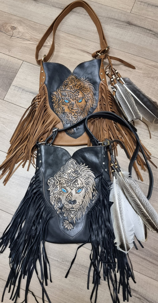 Leather Bag Lion with feathers and tassels