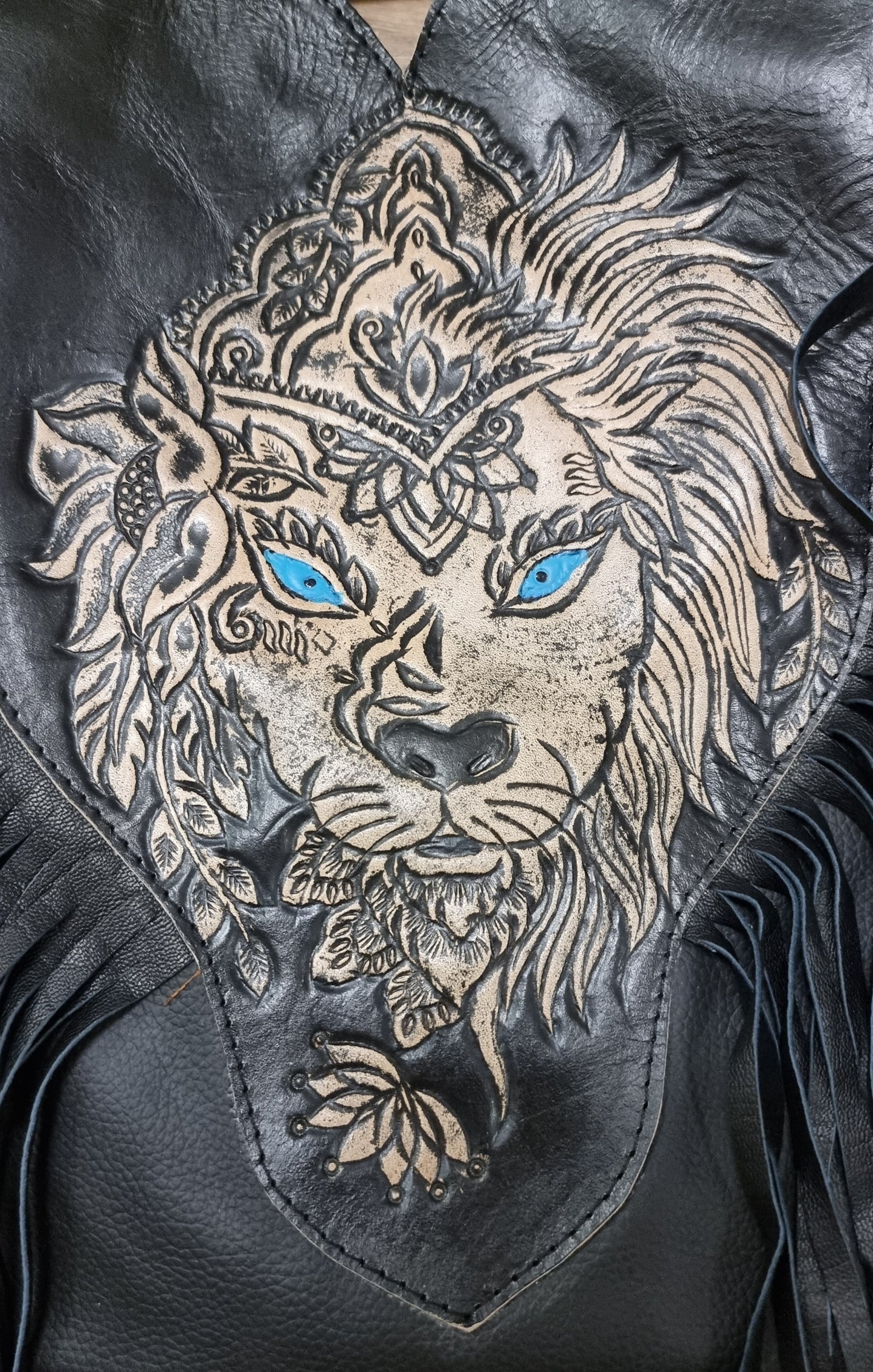 Leather Bag Lion with feathers and tassels