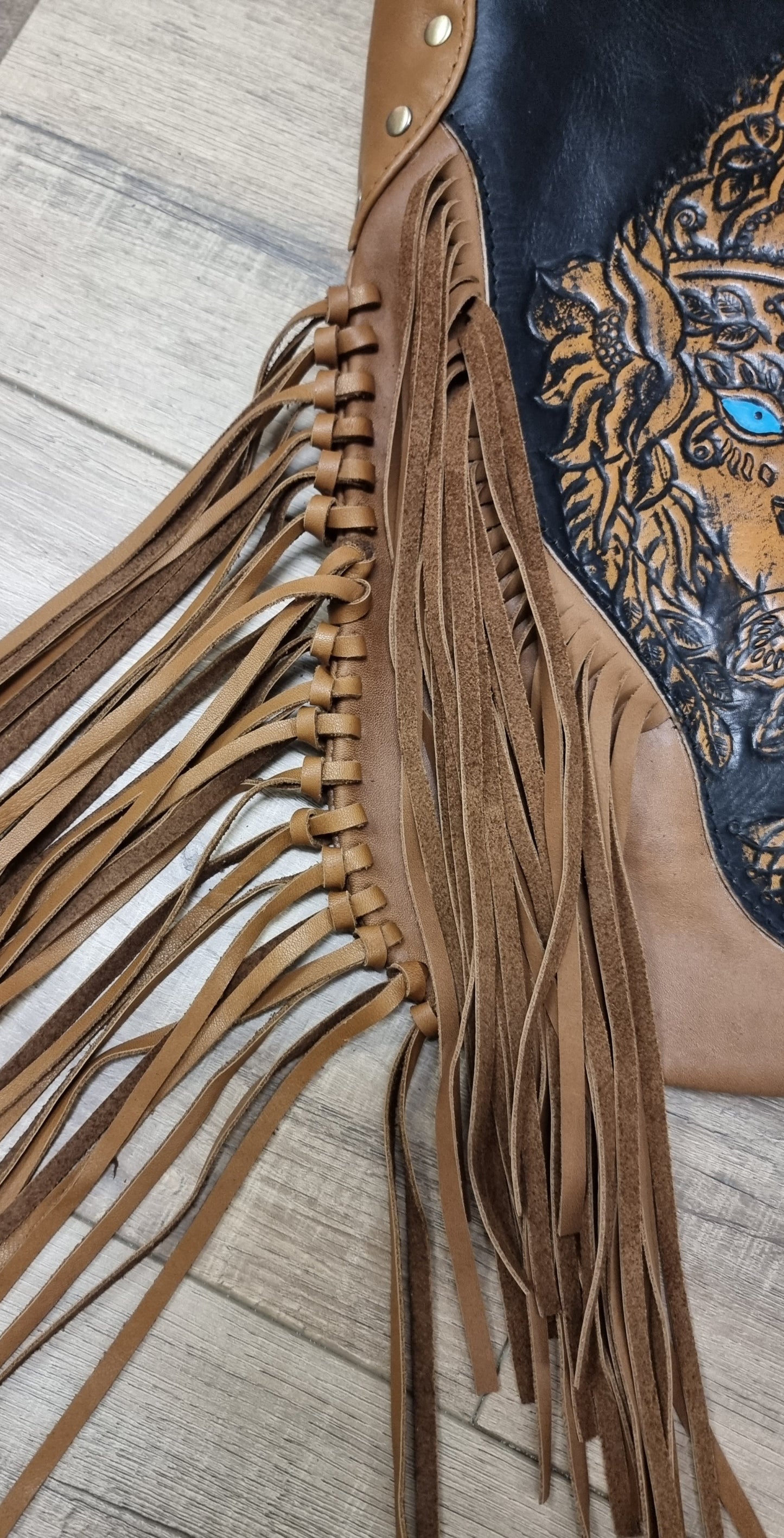 Leather Bag Lion with feathers and tassels