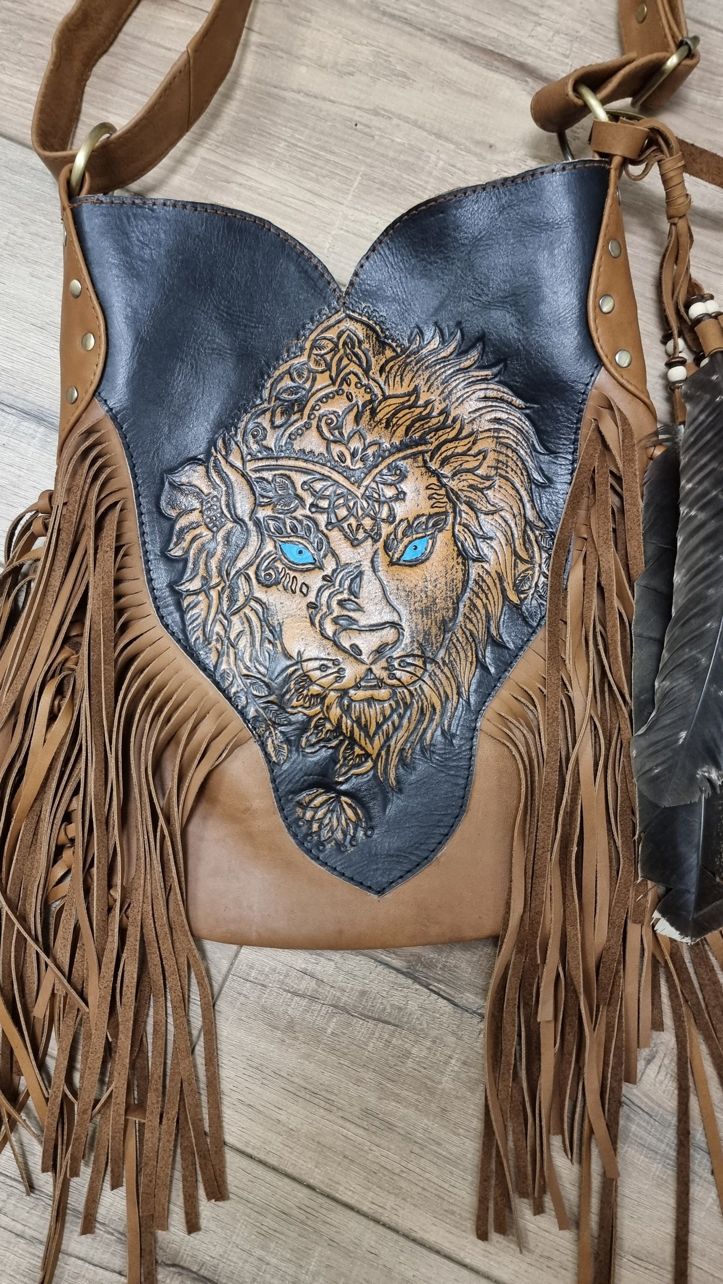 Leather Bag Lion with feathers and tassels