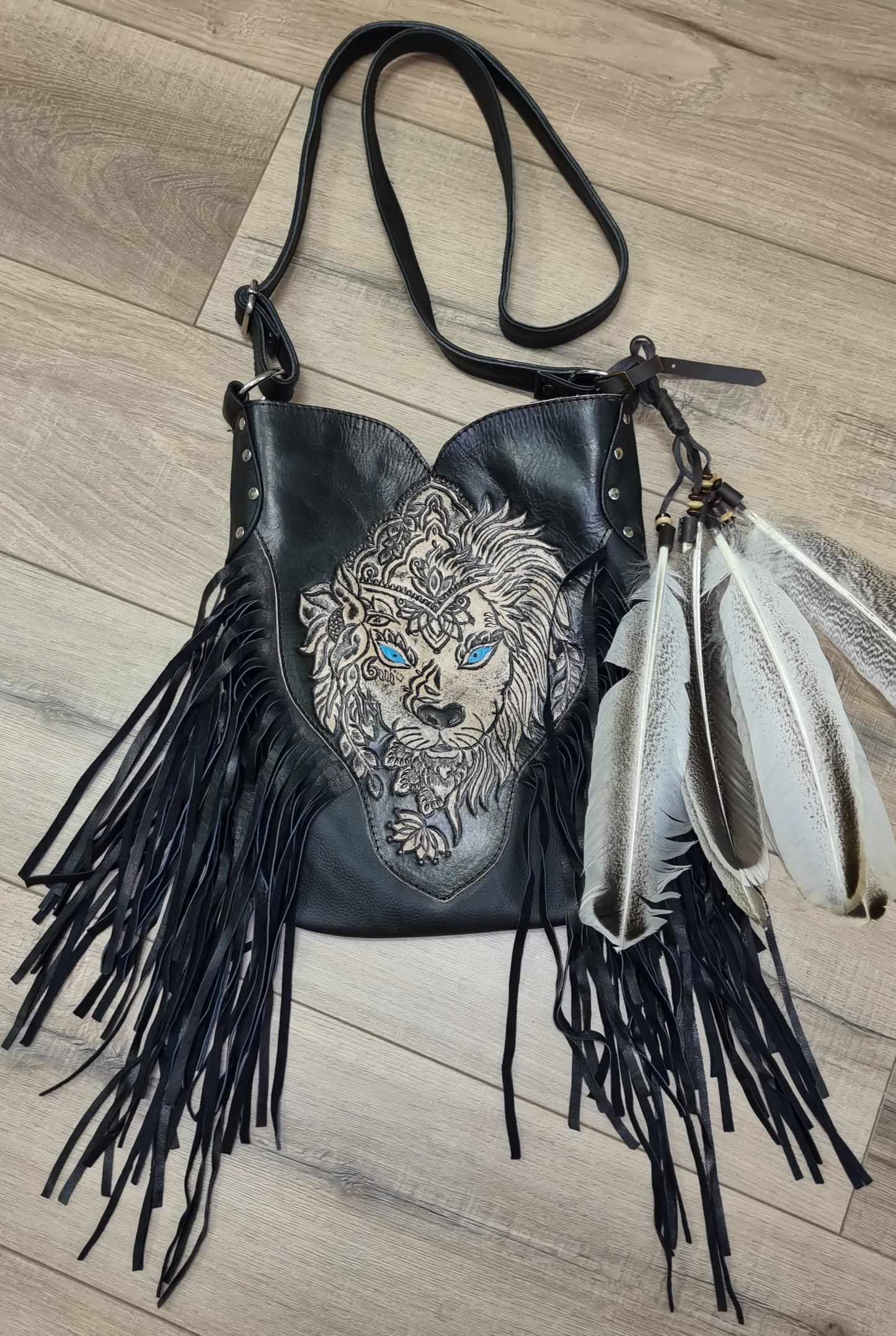 Leather Bag Lion with feathers and tassels