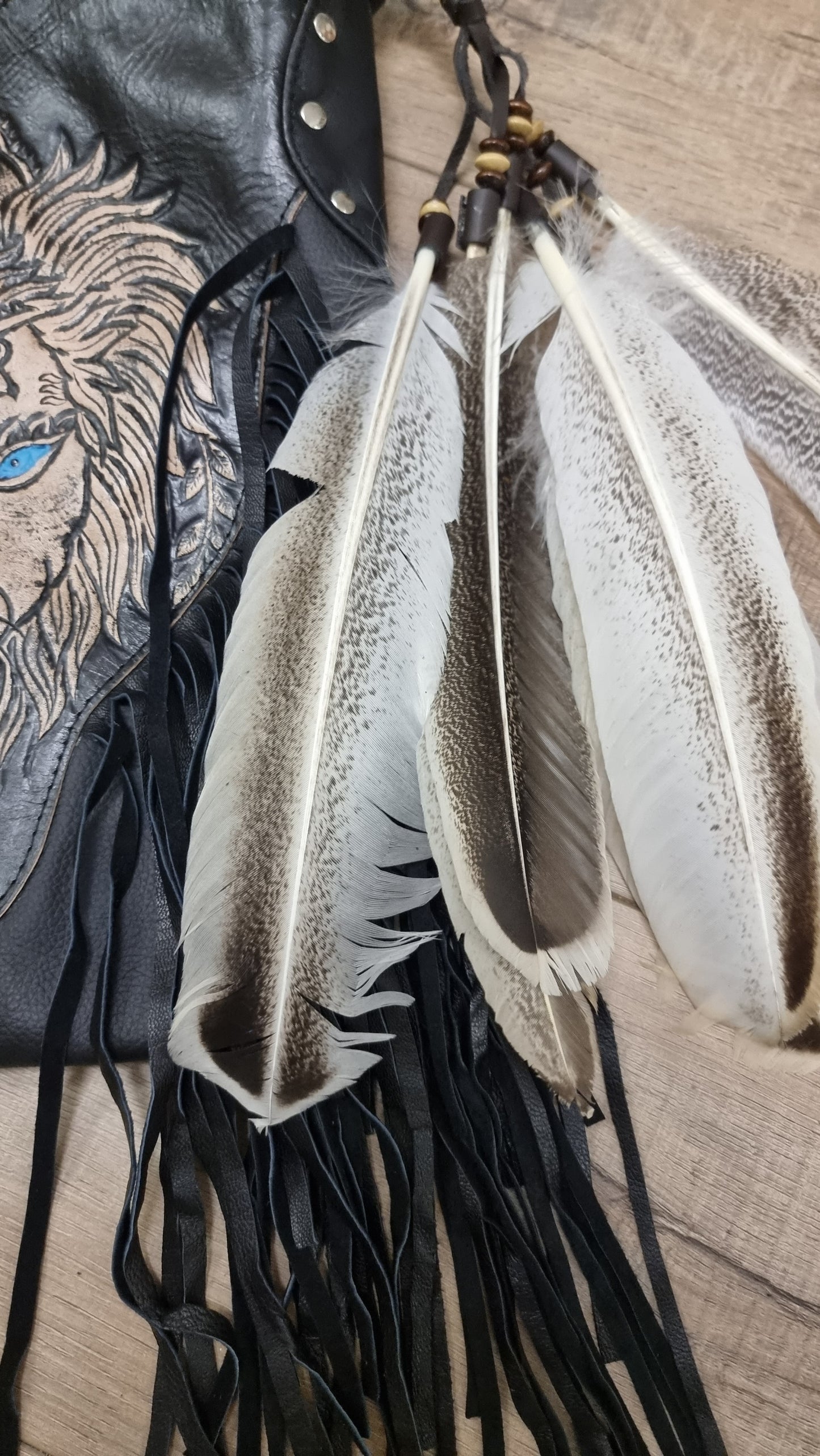 Leather Bag Lion with feathers and tassels