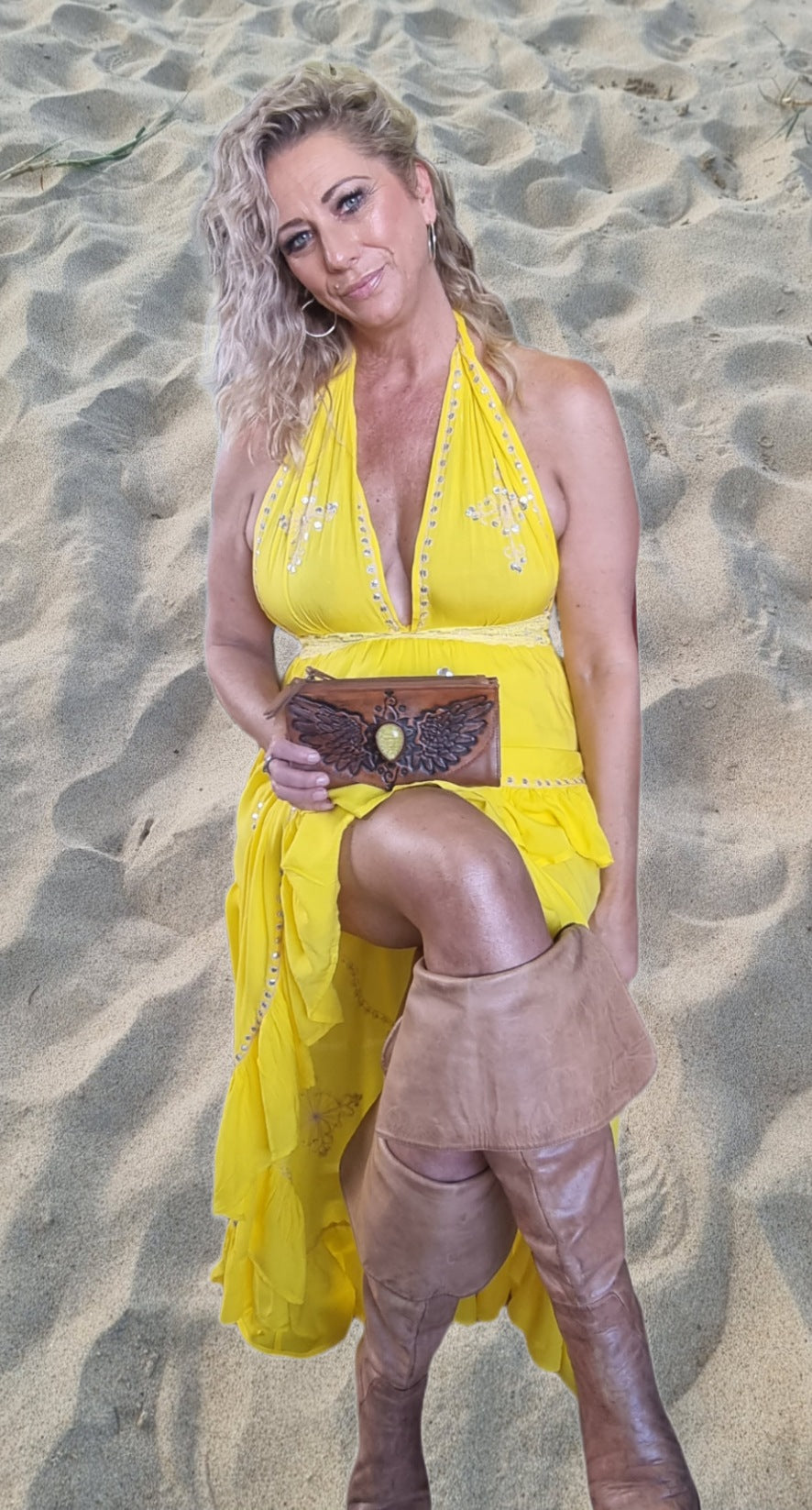 Leather Purse Wings Yellow stone