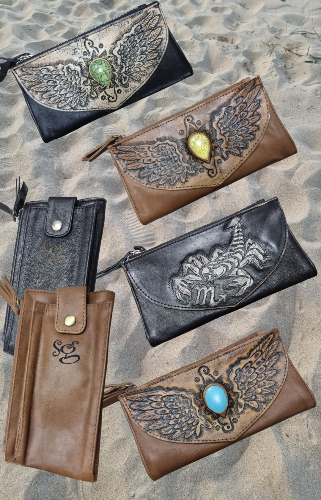 Leather Purse Wings Green Stone