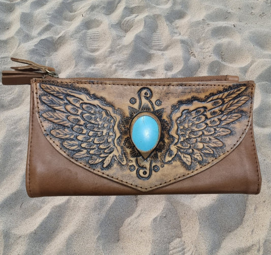Leather Purse Wings Blue stone