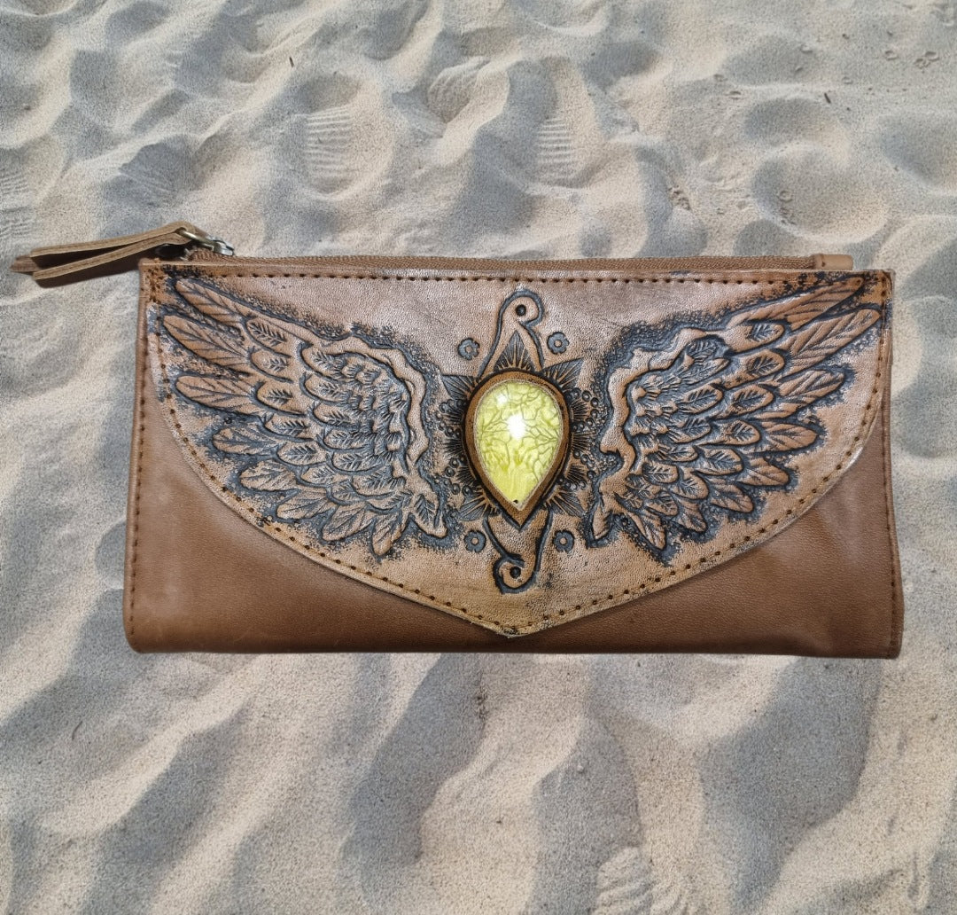 Leather Purse Wings Yellow stone